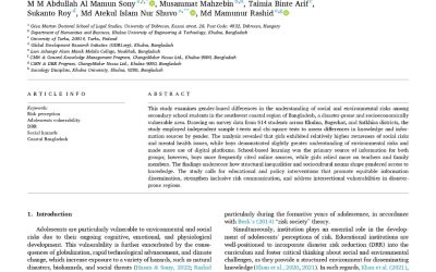 Gender based knowledge difference on social-environmental risk: a study on secondary school students of southwest coastal areas of Bangladesh